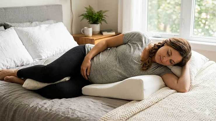 A pregnant woman side-sleeping comfortably in a bright bedroom, using a memory foam pregnancy wedge pillow to cradle her baby bump.