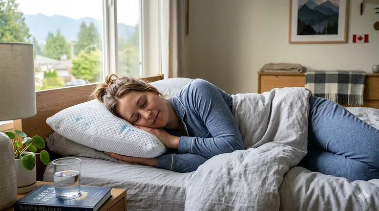 A person sleeping soundly on a breathable cooling pillow for hot sleepers in a modern Canadian bedroom with soft morning light.