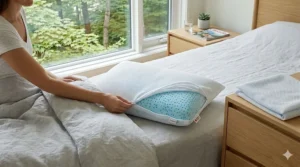 Close-up of the breathable mesh cover on a gel infused cooling pillow illustrating maximum airflow.