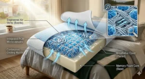 Cross-section illustration of a phase change cooling pillow showing mesh side panels and ventilated foam for maximum airflow and heat dissipation.