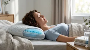 Illustration of a side sleeper’s neck alignment on a firm yet breathable cooling pillow for hot sleepers.