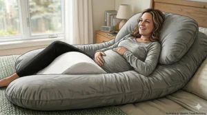 Diagram showing the breathable organic cotton cover of a U-shaped pregnancy pillow, designed for year-round temperature regulation in Canadian climates.