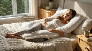 Product illustration of a flexible C-shaped full body pregnancy pillow highlighting pelvic and hip pressure relief.