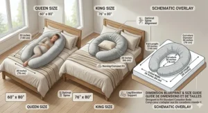 Sizing blueprint chart showing the exact length and width measurements of a full body C shaped pregnancy pillow on a mattress.