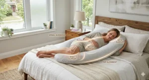Graphic diagram showing how a C shaped pregnancy pillow provides ergonomic support for the back, belly, and hips during maternity.