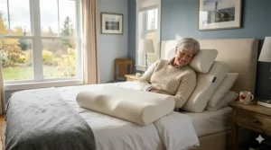 A 3D product illustration showing the contour design of a memory foam pillow for seniors, highlighting the cervical neck support pocket and side-sleeper cavities.