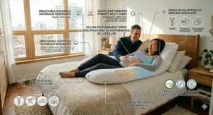 An educational illustration showing a cross-section of a cooling gel-infused best pregnancy pillow with regulated airflow channels for temperature control in Canadian homes.