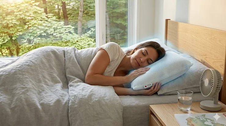 Diagram showing the breathable memory foam and blue gel infusion layers of a cooling pillow.