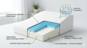 Close-up structural illustration of the pregnancy wedge pillow layers, featuring a breathable bamboo cover and high-density support foam core.