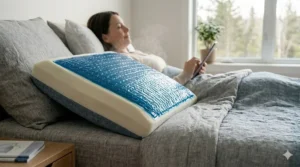 A technical cross-section of a cooling gel pillow designed to regulate body temperature during humid Canadian summers.