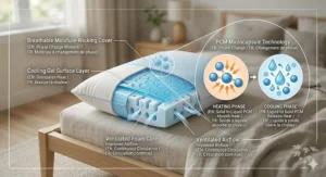 Technical diagram of cooling gel inserts in a pillow designed for hot sleepers during Canadian summers.