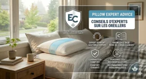 Illustration of a customer support icon with "Expert Advice / Conseils d'experts" for Canadian pillow shoppers.