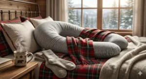 Cozy winter theme illustration of a premium C shaped pregnancy pillow styled with flannel blankets for Canadian maternity comfort.