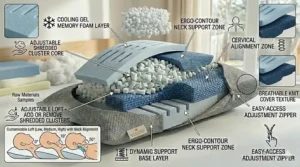 An easy-to-adjust pillow for seniors shown with a floating cluster core, highlighting the ease of adjusting loft for personalized neck alignment.