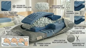 Detailed breakdown of an easy-to-adjust pillow for seniors, showing the washable cover texture and accessible adjustment zipper.