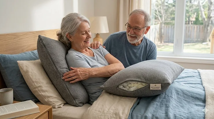 Senior couple in a bright, cozy bedroom, demonstrating the comfort and accessibility of an easy-to-adjust pillow for seniors.