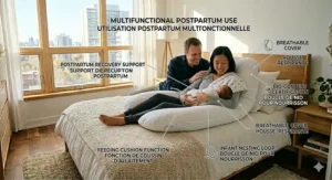 An illustration detailing certified eco-friendly and hypoallergenic foam materials used in the best pregnancy pillow options for health-conscious Canadian families.