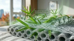 Sustainable climate control pillow featuring natural eucalyptus and bamboo leaves, emphasizing eco-friendly materials for Canadians.