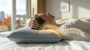 Ergonomic profile of a sleeper showing spinal alignment and neck support provided by a high-density climate control pillow.