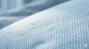 A side sleeper using an ergonomic gel infused cooling pillow to maintain spinal alignment and a cool temperature.