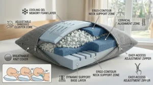 Technical diagram of an easy-to-adjust pillow for seniors, featuring cervical alignment angles and internal support structure labels.