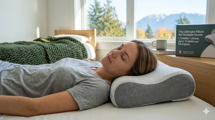 A person resting comfortably on an ergonomic pillow for multiple issues in a modern Vancouver-style bedroom with natural light.