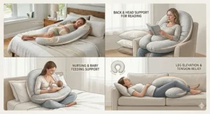 Step by step illustration detailing four different ways to position a C shaped pregnancy pillow for sleep and sitting support.