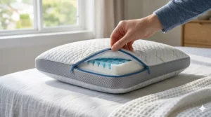 Illustration of a hypoallergenic seal on a breathable cooling pillow, highlighting clean sleep for Canadians with allergies.