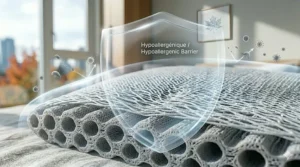 Transparent shield icon over a pillow surface representing a hypoallergenic barrier against allergens and dust mites for sensitive sleepers.