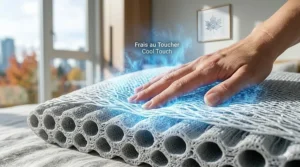 High-detail 4K image of a hand touching a cooling pillow with a blue thermal glow, indicating Cool Touch / Frais au Toucher.