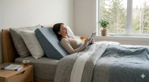 High-density foam wedge pillow for elevated post-surgery recovery or acid reflux relief, featured in our special needs sleep guide.