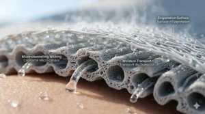 Photorealistic close-up of moisture-wicking micro-channels in a climate control pillow, designed for humid Canadian summers.