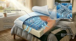 Close-up illustration of the moisture-wicking top layer of a phase change cooling pillow designed to keep sleepers dry and comfortable.
