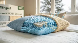 Illustration of moisture-wicking fabric in an all season pillow to prevent night sweats.