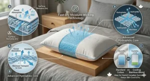 Icon showing moisture-wicking properties of a cooling pillow, ideal for humid nights in Southern Ontario.