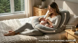 Illustration of a mother recycling her full body pregnancy pillow as a nursing and breastfeeding cushion postpartum.