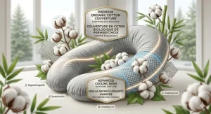 Eco friendly C shaped pregnancy pillow made with a breathable organic cotton cover, labeled in English and French.