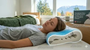 Illustration of an orthopedic pillow for multiple issues providing cervical support to relieve neck and shoulder tension.