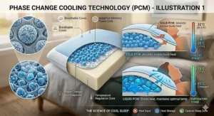 Technical illustration showing how phase change cooling pillow fibers absorb and release body heat to maintain a constant sleep temperature.