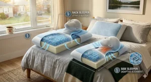 Illustration of side and back sleepers using a phase change cooling pillow to maintain spinal alignment while staying cool.