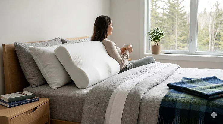 A supportive ergonomic pillow on a bed in a sunlit Canadian home, part of a comprehensive pillow buying guide for special needs and orthopedic comfort. pillow buying guide special needs