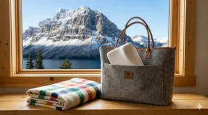 Compact pregnancy wedge pillow neatly tucked into a travel tote bag, emphasizing its portability for Canadian road trips or weekend getaways.