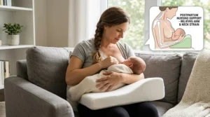 Illustration demonstrating the postpartum transition of a pregnancy wedge pillow being used as a comfortable nursing cushion to support a newborn baby.