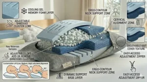 Diagram showcasing the internal components of an easy-to-adjust pillow for seniors, focused on neck support and raw material quality.