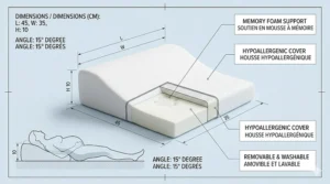 Graphic diagram showing the exact dimensions, angle degree, and height of the pregnancy wedge pillow / coussin de grossesse.