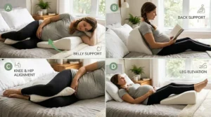 Illustration showing four ways to use a pregnancy wedge pillow: supporting the belly, behind the back, between the knees, and elevating legs.