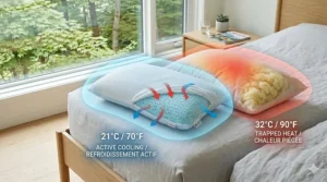A person removing the hypoallergenic, washable cover from a gel infused cooling pillow.