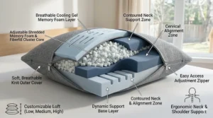 Detailed view of an easy-to-adjust pillow for seniors, highlighting the cooling gel memory foam and specialized ergonomic neck support zones.