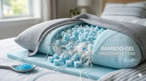 Close-up illustration of the inner layers of a cooling pillow featuring blue gel-infused memory foam and a breathable bamboo cover.