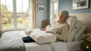 A side-view illustration of an older adult sleeping soundly, illustrating how a specialized therapeutic pillow for seniors maintains neutral spinal alignment to relieve chronic neck pain.